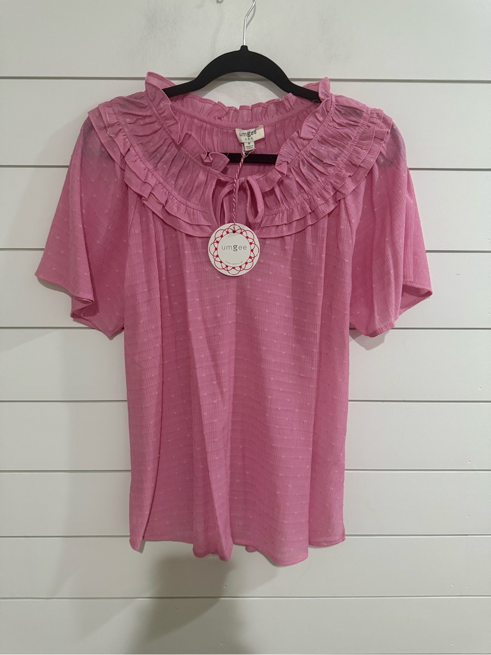 Umgee Pink Ruffled Tie-Neck Short Sleeve Blouse